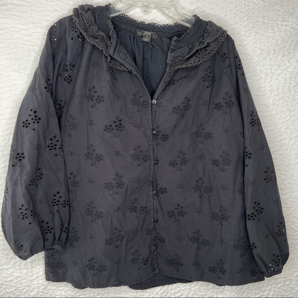 J Crew Solid Black Button-Front Eyelet Peasant To… - image 1